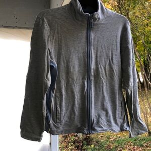 Knit jacket jersey cotton material lite gray slate blue w pockets on both sides